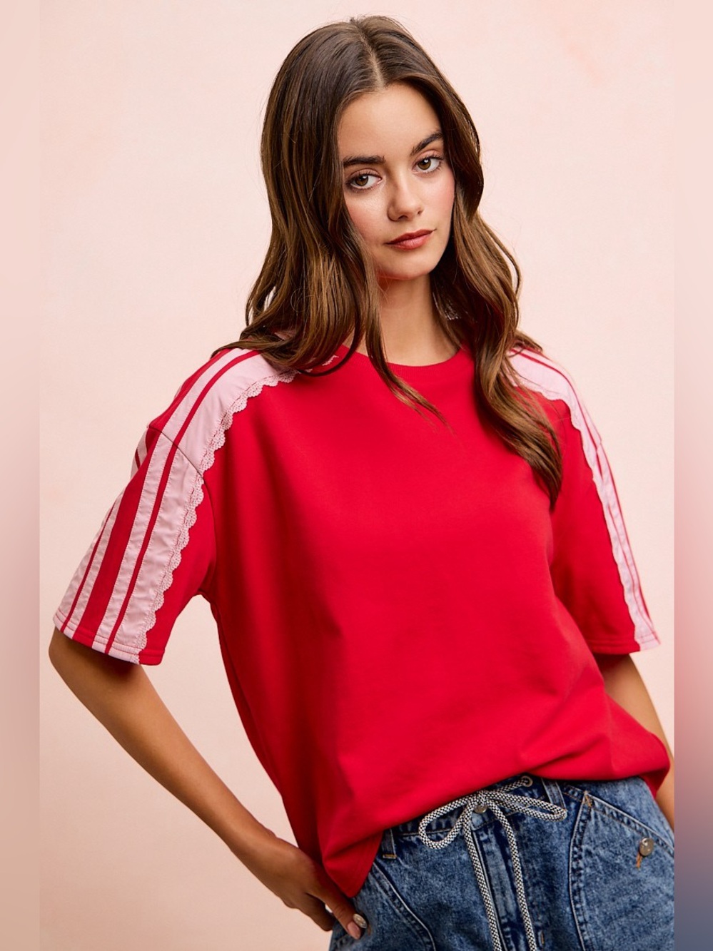 BiBi French Terry Side Lace Detail Short Sleeves Top - Picture 11 of 15